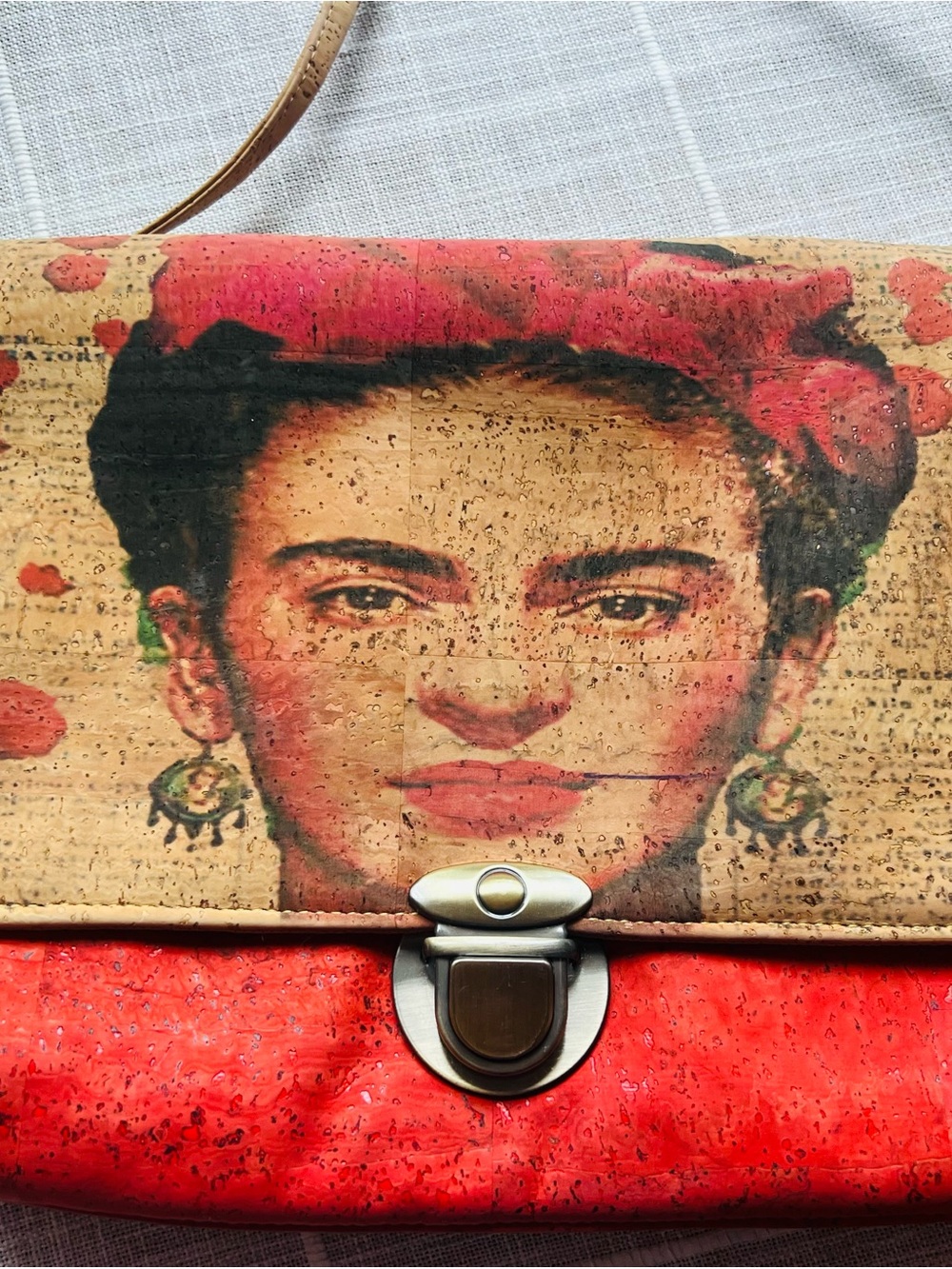 Frida Kahlo Printed Red Cork Crossbody Bag